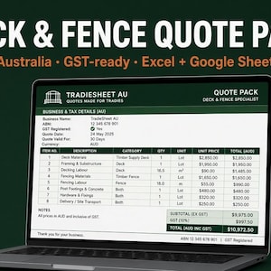 Puede incluir: Una pantalla de portátil que muestra una plantilla de presupuesto para cubiertas y vallas en Australia, compatible con Excel y Google Sheets. El documento incluye detalles comerciales, costes desglosados de materiales y mano de obra, e impuestos.