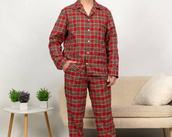 Men’s Flannel Pajama Set, Red Plaid Cotton Sleepwear