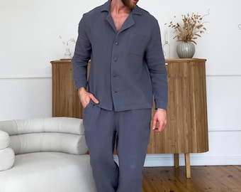 Men's 100% Cotton Muslin Pajama Set, Dark Gray Breathable Lounge Sleepwear