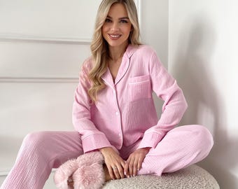 Women’s Pink Cotton Pajama Set – Muslin Shirt & Pants | Two Piece Loungewear Sleepwear