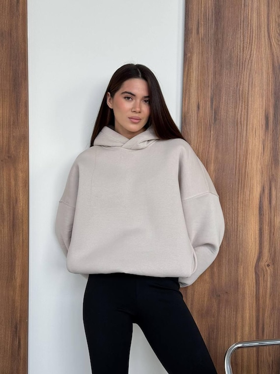 Oversized Fleece Hoodie, Beige Lounge Sweatshirt, One Size (XS–XL)