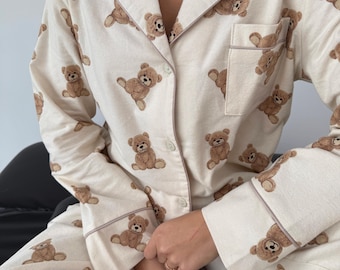 フランネルパジャマセット：レディースコットンベアプリントパジャマ