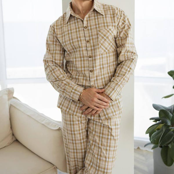 Pijama de franela para hombre: pijama de algodón a cuadros beige