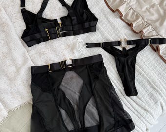 Black Mesh Set with Skirt, Lightweight Loungewear Outfit, Sheer Minimal Set, Soft Summer Outfit, Comfortable Home Wear, Adjustable Strap Set