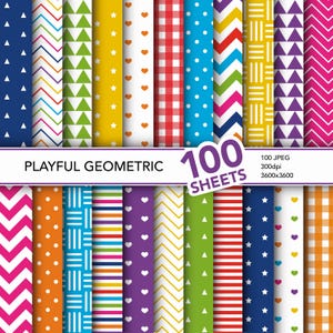Puede incluir: Una colección de 100 hojas de papel con patrones geométricos lúdicos. Los diseños incluyen zigzags, lunares, corazones, estrellas y rayas en varios colores como azul, verde, amarillo, naranja y morado. Se muestra el texto "PLAYFUL GEOMETRIC".