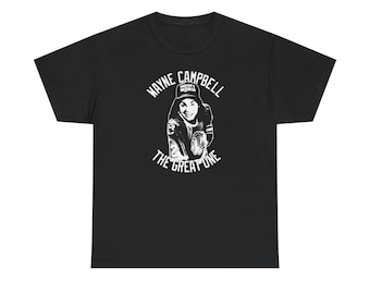 May include: Black t-shirt with a white graphic of a person wearing a hat, with the text "WAYNE CAMPBELL" above the image and "THE GREAT ONE" below. The hat has the text "WAYNE'S WORLD" on it. The shirt is made of a soft material.