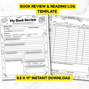May include: A black and white printable template featuring a My Book Review page with fields for title, author, rating, genre, and story details, alongside a My Reading Log page with columns for date, title, author, minutes, and rating.