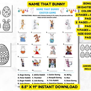 May include: A printable Easter game titled "Name That Bunny" with illustrations of cartoon bunnies and Easter eggs. The game includes coloring pages and an answer key. The paper size is 8.5" x 11".