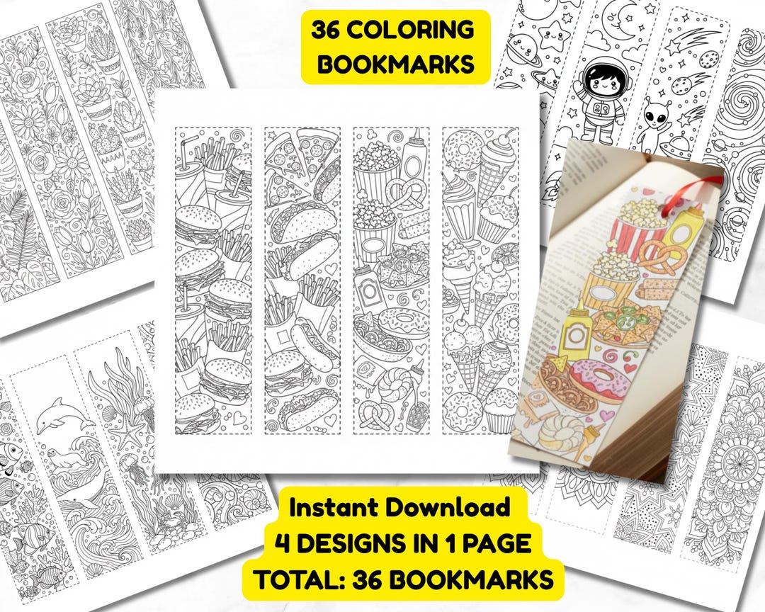 Printable Coloring Bookmarks: 36 Unique Designs, Food, Plant, Space ...