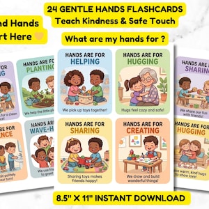 Puede incluir: Un conjunto de 24 tarjetas didácticas de manos amables que enseñan amabilidad y tacto seguro. Cada tarjeta presenta ilustraciones coloridas de niños participando en actividades como ayudar, abrazar y compartir. Las tarjetas miden 21,6 cm x 27,9 cm.