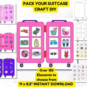 May include: Pink suitcase design with travel-themed illustrations. Includes images of a camera, sunglasses, swimsuit, and beach accessories. The text reads "PACK YOUR SUITCASE CRAFT DIY" and "Over 150 Elements to choose from 11 x 8.5" INSTANT DOWNLOAD".
