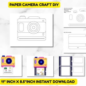 May include: A DIY paper camera craft kit with instructions and examples. The kit includes a line drawing of a camera, along with colored examples. The text "PAPER CAMERA CRAFT DIY" and "11" INCH X 8.5"INCH INSTANT DOWNLOAD" are visible.
