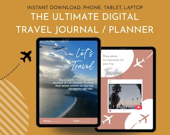 May include: Two digital travel journal planners on tablets. The first tablet displays "Let's Travel" over a scenic beach image. The second tablet shows a photo with palm trees and the text "Place photo as inspiration for your trip". The background is a mustard yellow.
