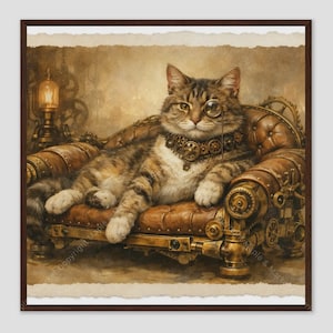 May include: A brown tabby cat wearing a monocle and a gear-adorned collar, resting on a brown leather armchair decorated with brass mechanical gears and pipes. The scene features a warm, sepia-toned background with a vintage lamp on the left side.
