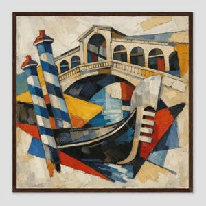 May include: An oil painting depicting a gondola and two blue and white striped mooring poles in front of a stone bridge. The composition uses geometric shapes and bold colors including red, yellow, blue, and cream to represent the scene.