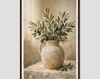Olive Branches in Rustic Ceramic Vase Still Life Art