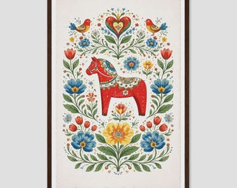 Swedish Dala Horse Floral Folk Art Botanical Print