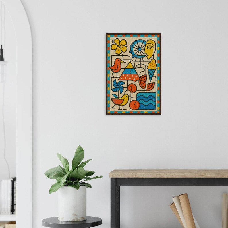 Wildwood Picasso Beach Town Wall Art Print in Light Room by Maple & Marker (Dark wood frame, 40x60)