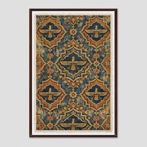 May include: A rectangular wall art print in a dark brown frame featuring a repeating pattern of golden Faravahar symbols centered within ornate, diamond-shaped orange and blue borders against a distressed, textured deep blue background.