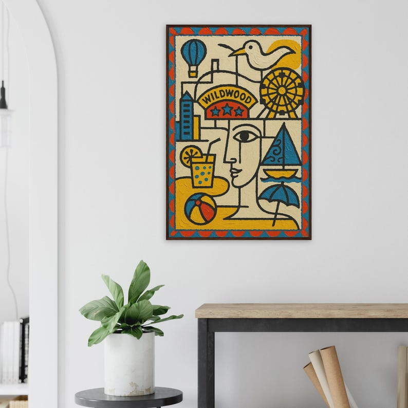 Wildwood Crest Shore Cubist Art Print in Light Room by Maple & Marker (Dark wood frame, 60x90)