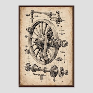 May include: A technical drawing on aged paper featuring a large spoked wheel, a horizontal drive shaft with gears, and various mechanical components. The illustration uses black ink lines to detail the assembly of a complex machine mechanism.