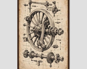 Vintage Mechanical Wheel Axle Engineering Diagram Art