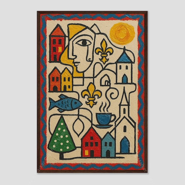 Impresión de arte mural costero nórdico cubista de Bergen