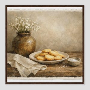 Puede incluir: Una composición de bodegón con un jarrón de cerámica marrón rústico lleno de flores blancas de paniculata, un plato de galletas redondas doradas, un paño de lino color crema arrugado y un cuenco pequeño con una pizca de sal blanca.