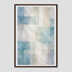 May include: A rectangular wall art print featuring a grid of overlapping watercolor squares in shades of light blue, soft gray, and white. The composition displays a geometric pattern with varying levels of transparency and color saturation.