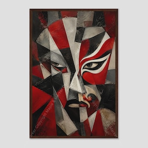 Puede incluir: Una pintura abstracta enmarcada que presenta una composición geométrica de un rostro. La obra utiliza una paleta de tonos rojo intenso, negro, blanco y gris. Formas angulares nítidas definen los ojos, la nariz y la boca del retrato.
