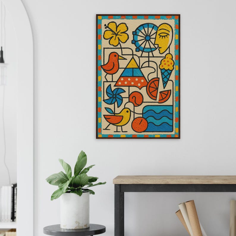 Wildwood Picasso Beach Town Wall Art Print in Light Room by Maple & Marker (Dark wood frame, 60x90)