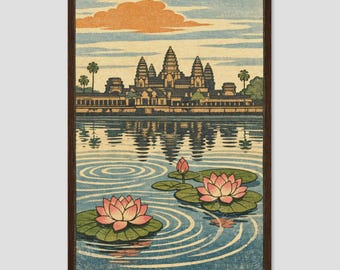 Angkor Wat Lotus Pond Cambodia Vintage Woodblock Art