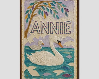 Annie Personalisierter Wandbilddruck für den Teich im Kinderzimmer mit Schwanenfamilie