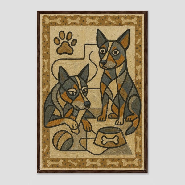 May include: A rectangular wall art print featuring two stylized dogs in shades of brown, gray, and black. One dog sits upright while the other lies down with a bone. A ball and a food bowl are included, all framed by a border of repeating bone shapes.