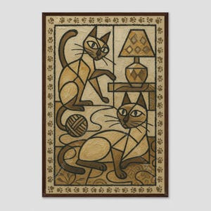 Könnte beinhalten: Ein rechteckiges Wandbild mit zwei stilisierten Katzen in Beige- und Brauntönen. Eine Katze sitzt neben einer Tischlampe, während die andere neben einem Wollknäuel liegt. Der Rand ist mit einem wiederkehrenden Muster aus kleinen Pfotenabdrücken.