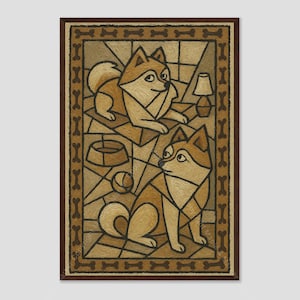 Pode incluir: Uma impressão de arte de parede retangular com uma ilustração estilizada de dois cães em tons de castanho e bege. A borda é decorada com um padrão de osso repetitivo. A cena inclui uma tigela para cães, uma bola e uma lâmpada.