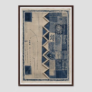 May include: A rectangular wall art piece featuring a beige linen-textured background with a vertical blue zigzag pattern. The design includes various blue geometric shapes, dotted lines, and square grid patterns, all enclosed within a dark brown frame.