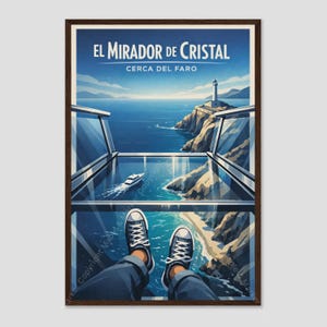 Pode incluir: Um cartaz de viagem emoldurado intitulado EL MIRADOR DE CRISTAL CERCA DEL FARO, retratando uma plataforma de observação de vidro sobre um oceano azul, uma falésia rochosa com um farol e um pequeno barco. Calças de ganga azuis e ténis são visíveis.