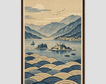 Kotor Bay Montenegro Island Church Woodblock Art