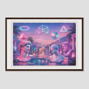 Könnte beinhalten: Ein gerahmter Kunstdruck mit drei klassischen Marmorbüsten vor einem Brunnen in einer Sonnenuntergangslandschaft. Neonfarbene geometrische Formen wie ein Würfel, ein Kreis und ein Dreieck schweben in einer lebendigen Farbpalette über den Statuen.