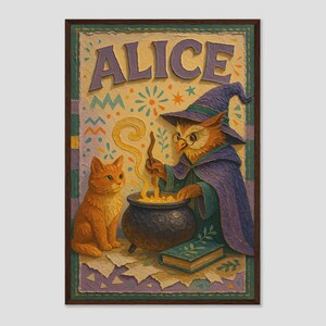 Alice Cut-Paper Witch — Lavanda e verde bosco, collage di tecniche miste con texture di pozione di strega saggia