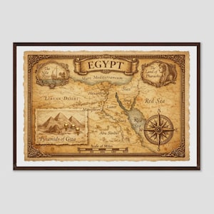 May include: A vintage-style map of Egypt featuring a central title banner, a compass rose, and an inset illustration of the Pyramids of Giza. The map displays geographical labels including the Nile River, Red Sea, and various cities in sepia tones.
