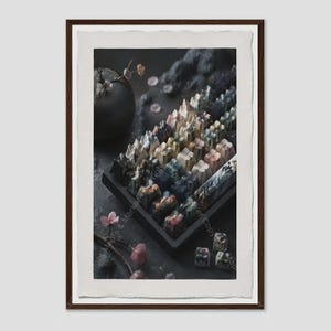 May include: A collection of artisan mechanical keyboard keycaps featuring intricate mountain and floral designs in shades of blue, grey, white, and pink. The set includes a long spacebar with a landscape print and several individual sculpted keys.
