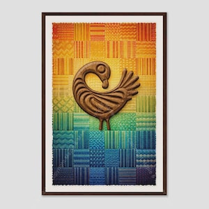 May include: A framed wall art piece featuring a carved wooden bird silhouette centered over a grid of textured squares. The background displays a vibrant rainbow gradient, transitioning from warm yellow and orange at the top to cool blue and purple at the base.