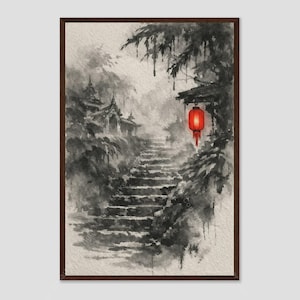May include: A watercolor painting depicting a stone staircase leading up toward a building nestled in trees. The scene is rendered in shades of black and gray ink wash, with a single, vibrant red lantern hanging from a branch in the foreground.