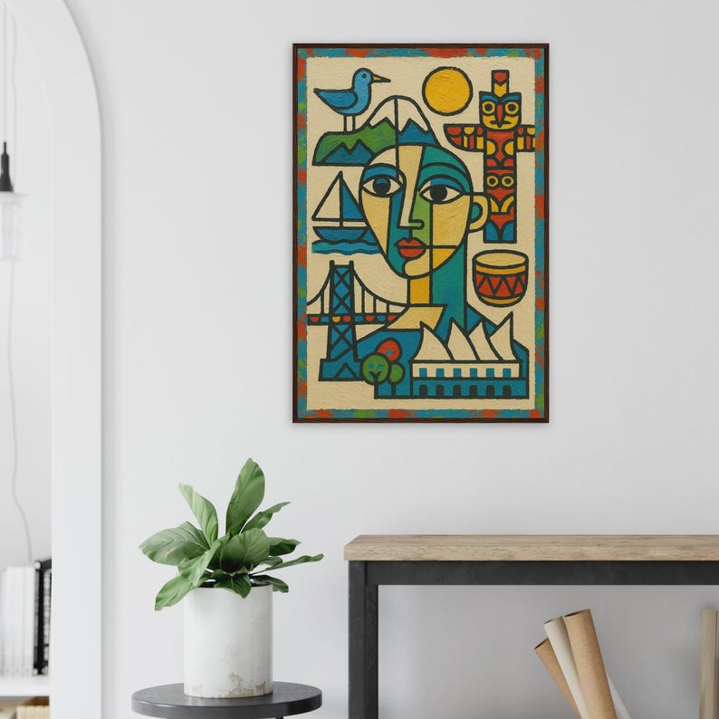 Vancouver Canada Cubist City Wall Art Print in Light Room by Maple & Marker (Dark wood frame, 60x90)