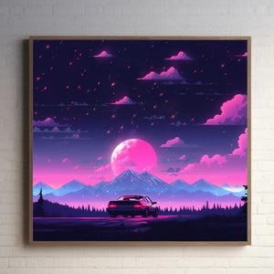 May include: A framed digital art print depicting a car driving on a road at night. The scene features a vibrant pink moon, mountains, and a starry sky. The artwork is framed in a wooden frame and hangs on a white brick wall.