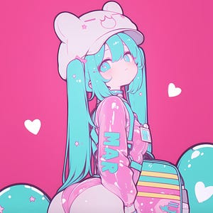 Puede incluir: Ilustración de estilo anime de un personaje con largo cabello turquesa y ojos azules, vistiendo un atuendo rosa con la palabra "MAR" en la manga. El personaje lleva un sombrero blanco con diseño de oso. El fondo es rosa con formas de corazón blancas.