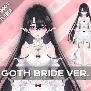 Könnte beinhalten: Digitale Illustration eines Goth Bride VTuber-Modells. Die Figur hat lange schwarze Haare, rosa Augen und trägt ein weißes Kleid mit einem Kreuzanhänger. Der Text "FULL BODY VTUBER" und "GOTH BRIDE VER." sind sichtbar.