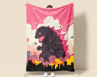 Kawaii Godzilla Fleece Blanket, Japanese Anime Tapestry Throw Wall Art, Kid Room Decor, Cute Godzilla Fan Gift, Gift for Boy